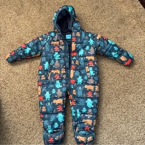 Toddler Navy Blue Puffer One-Piece Snowsuit with Playful Animal Print